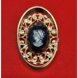 Vintage Gold Tone Engraved Lady on Black Rhinestone Glass Cameo Brooch/Pin